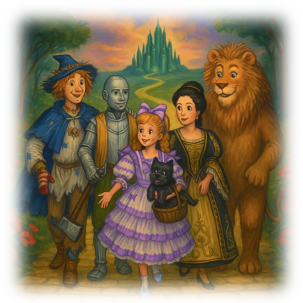 Scarecrow, Nick Chopper, Dorothy (with Toto), Nimmee, and the Lion are walking towards us down the Yellow Brick Road, with the Emerald City in the background.